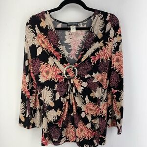 Vintage Y2K JTB Womens XL Babydoll Top Dark Floral Fairy Indie Colorful Artsy